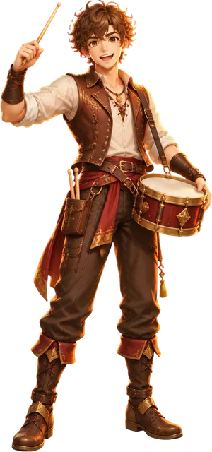 Ezio Ravelloni, penabuh drum muda berambut keriting, tersenyum lebar dengan satu stik terangkat